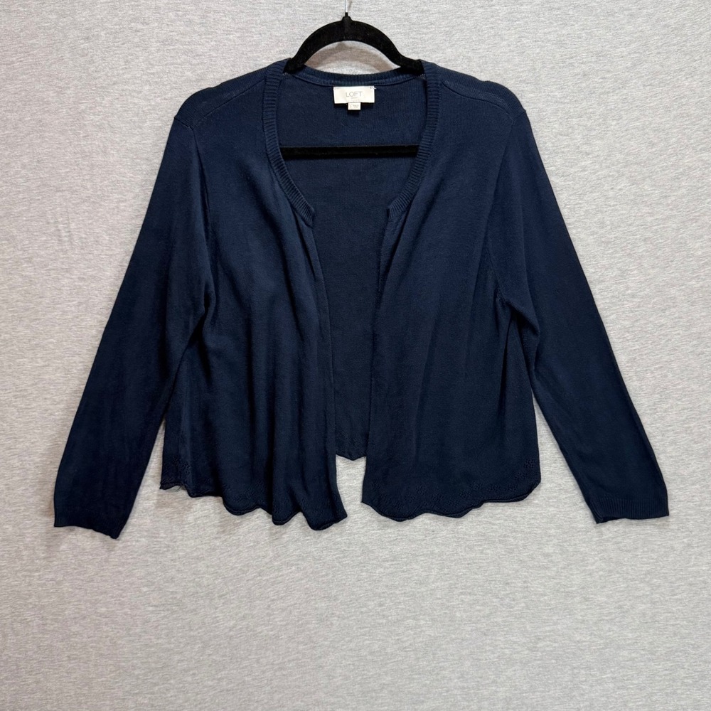 LOFT Cardigan Womens Large Navy Blue Open Front Scalloped Hem Pointelle Layering